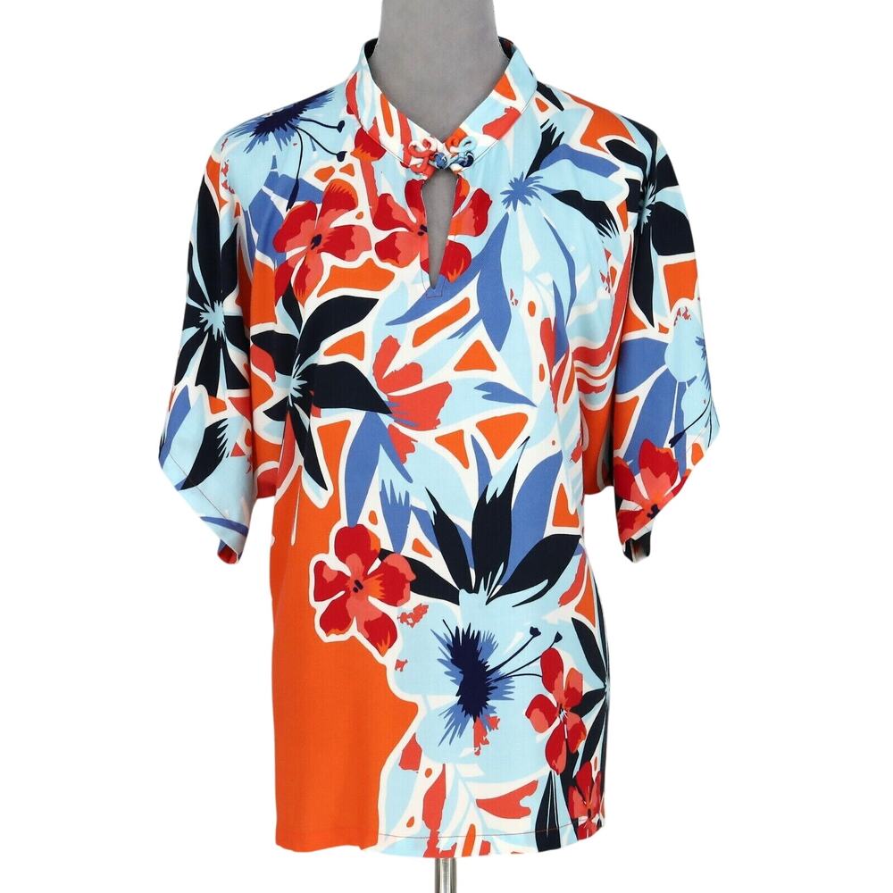 Soft Surroundings Top Petite PM MP Blouse Blue Orange Tunic Oversized Hawaiian